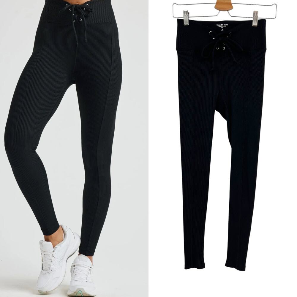 Year of Ours Ribbed Football Leggings Lace-Up Waist Black Size‎ Small
